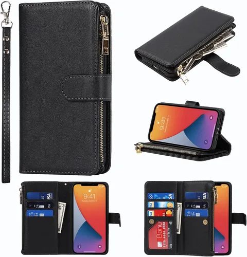 Funda tipo cartera compatible con iPhone 12 Pro/iPhone 12, 9 ranuras para tarjetas, correa de muñeca, función de soporte, bolsillo para efectivo con