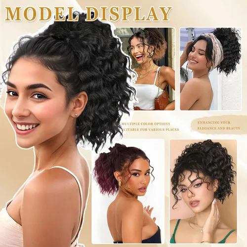 Miniatura 6 de Matriarchs Extensión de cola de caballo corta y rizada con cordón para mujer, pieza de cabello sintético largo afro rizado esponjoso para uso diario
