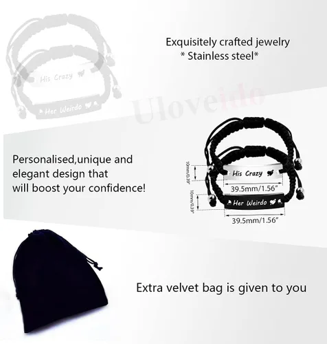 Miniatura 7 de 1 par de pulseras trenzadas Hademade para parejas, pulseras para hombres y mujeres grabadas con "I Love You 3000, God Gave Me You, His Crazy Her