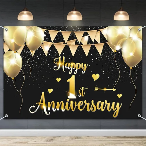 HAMIGAR Fondo de pancarta de feliz primer aniversario de 6 x 4 pies, 1 decoración de aniversario de boda, suministros para fiesta, color negro y