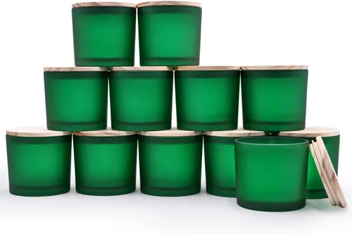 Miniatura 26 de SHOWIN Tarros de vela gruesos de 14 OZ para hacer velas 12 Piezas, tarros vacíos de 3 mechas con tapas de madera para hacer velas, recipiente