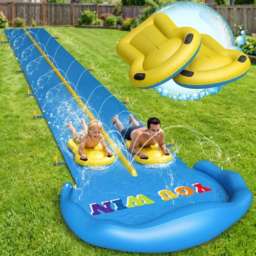 Evoio Tobogán acuático, tobogán acuático inflable de 32.8 pies con 2 carriles de carreras para niños, niñas y adultos, tobogán acuático al aire