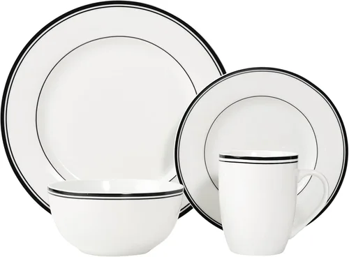 Miniatura 2 de Amazon Basics - Juego de vajilla de cocina de 16 piezas con rayas de café, platos, cuencos, tazas, servicio para 4, color negro
