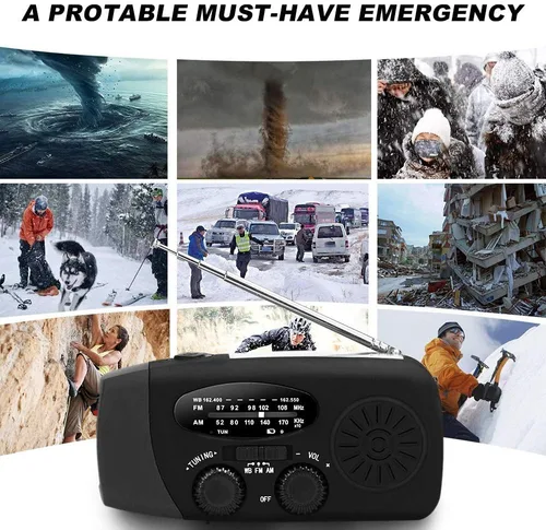 Miniatura 2 de Radio meteorológica de emergencia NOAA de 2000 mAh, manivela portátil con energía solar, radio AM/FM, cargador de teléfono recargable con linterna