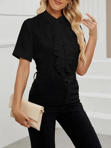 Miniatura 3 de Vrtige Women's Ruffle Front Collar Neck Button Down Short Sleeve Blouse Shirt Top