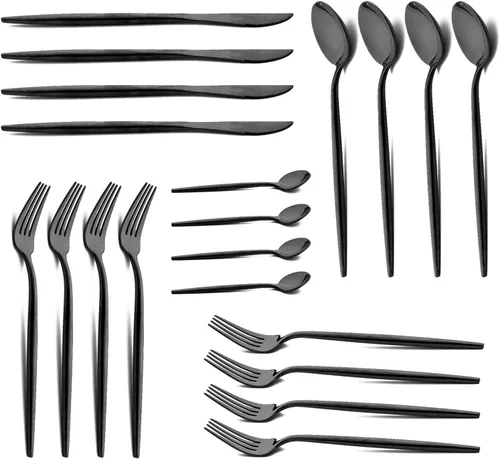 Juego de cubiertos negros de 20 piezas para 4, utensilios de cocina de acero inoxidable 18/10, incluye cuchara, tenedor y cuchillo, esmalte de