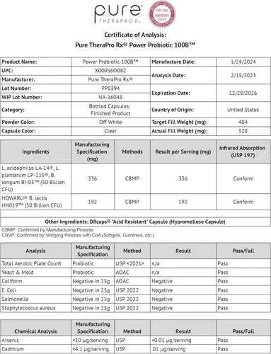 Miniatura 9 de Pure Therapro Rx Power Probiotic 100B 30 cápsulas resistentes a los ácidos, suministro para 1 mes 4 cepas probadas de 100 mil millones de UFC