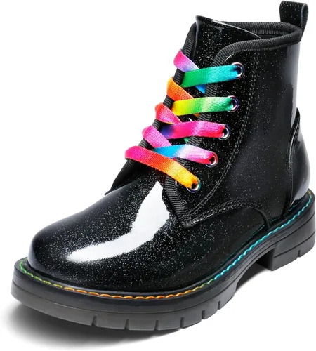 DREAM PAIRS Botas de tobillo con purpurina para niñas y niños, zapatos de combate con cremallera lateral con cordones (bebéniño pequeñoniño grande)