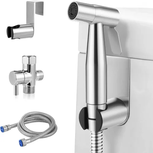 Pulverizador de bidé de mano para inodoro – Kit de rociador de bidé de presión ajustable de acero inoxidable con válvula en T de latón –
