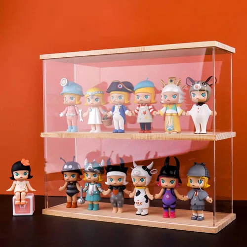 Miniatura 10 de vitrina acrílica de 3 capas, caja de exhibición montada en la pared con puerta, escaparate de minifigura transparente para encimera, para Negro