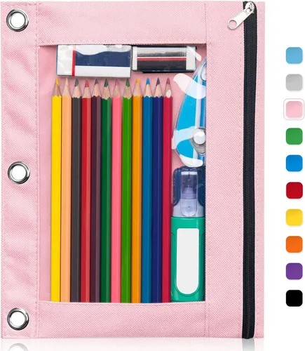Miniatura 17 de Forvencer Estuche para lápices de 3 anillas, estuche transparente con cremallera suave, bolsa de lápices de gran capacidad con 3 ojales reforzados