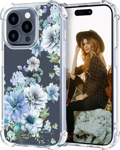 Miniatura 30 de Hungo Funda compatible con iPhone 15 Plus para mujer, diseño floral transparente, lindo, flor azul rosa Rosas Azules