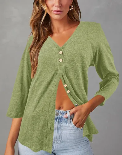 Miniatura 3 de Dailiup Camisetas de manga 34 con cuello en V para mujer, cárdigan con botones, estilo casual, color liso, camisetas básicas, blusas