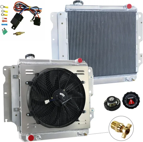 Miniatura 2 de Radiador compatible con Jeep Wrangler TJ 2.4L-4.2L 1987-06, radiador de aluminio de 3 filas + cubierta de ventilador de 120 W + kit de relé