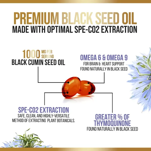 Miniatura 5 de Cápsulas de aceite de semilla de comino negro de 1000 mg por porción, semillas negras de Nigella sativa premium, aceite de semilla negra natural