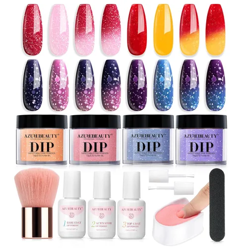 Miniatura 10 de AZUREBEAUTY Kit de iniciación de uñas en polvo de inmersión, 4 colores con purpurina rosa suave, arte de uñas francés, con capa base, capa superior