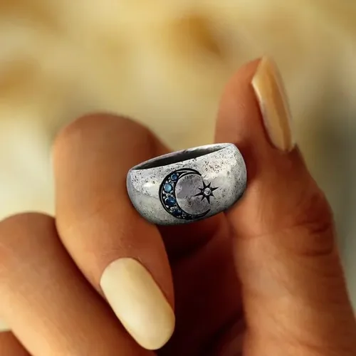 Miniatura 5 de UTOYA Anillo de escuadrón con texto en inglés "We Always Have Each Other's Back", anillo vintage de circón pavimentado con sol y luna para mujer