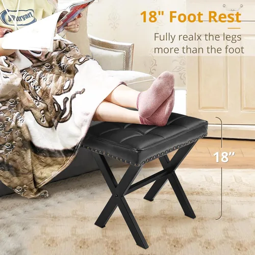 Miniatura 4 de LUE BONA Taburete de tocador, asiento cuadrado de maquillaje de piel sintética con patas en X de metal, pequeña silla otomana para sala