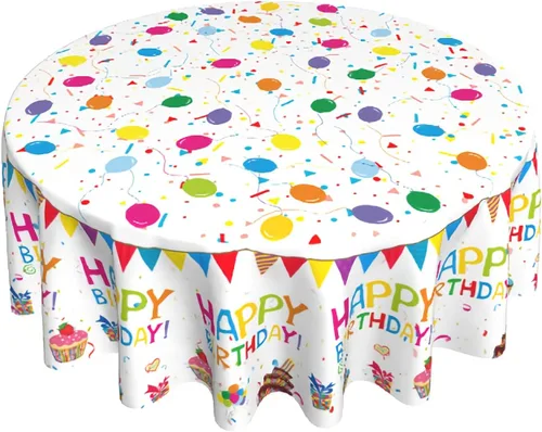 Giwawa Decoraciones de feliz cumpleaños, pastel colorido y globos, mantel redondo de cumpleaños, resistente al agua, duradero, para suministros de
