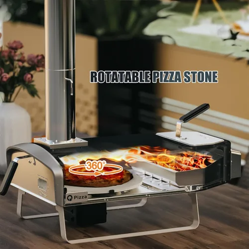 Miniatura 4 de Horno de pizza de leña con piedra giratoria, horno portátil de leña/carbón para pizza con chimenea y puerta, estufa de pizza al aire libre