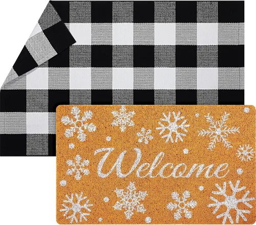Miniatura 10 de Geelin 2 Tapetes de Puerta de Navidad, Felpudo Delantero Navideño a Cuadros Buffalo Blanco y Negro, Alfombra Decorativa de Árbol de Navidad