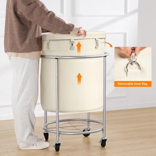 Miniatura 5 de ELYKEN Cesta de lavandería con ruedas, cesta de lavandería rodante de 170L con bolsa extraíble y marco de acero, carrito de lavandería redondo con 4