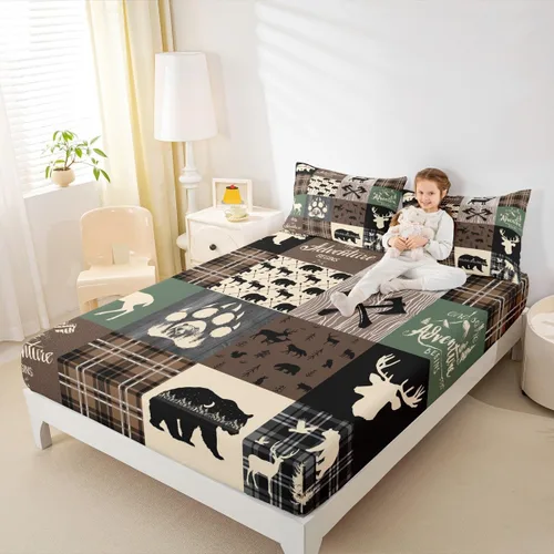 Miniatura 43 de Sábana bajera de retazos rústicos, sábanas de ciervos de oso para niños, adolescentes, adultos, mujeres, juego de ropa de cama rústica de granja