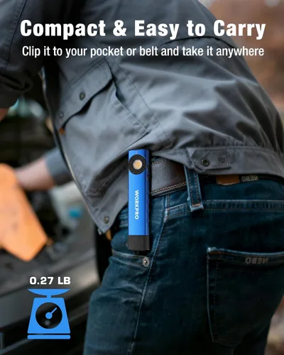 Miniatura 3 de WORKPRO linterna recargable de trabajo, linterna de bolsillo plana de 600 lúmenes con luz UV, base magnética y clip, linterna LED EDC delgada