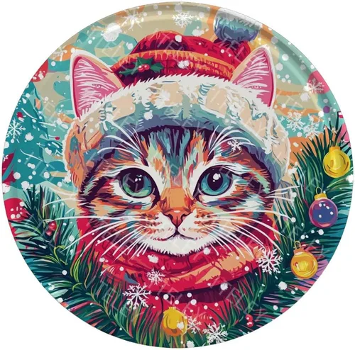 Letrero redondo de metal con diseño de gato de Navidad, retro, vintage, para corona, invierno, hogar, patio, jardín, bar, cafetería, decoración de 8