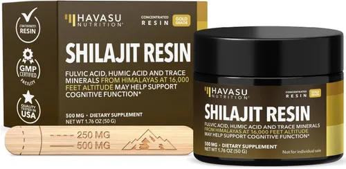 Resina Shilajit del Himalaya con ácido fúlvico, ácido húmico y más de 80 oligominerales – 500 mg de Shilajit de grado dorado para hombres y mujeres