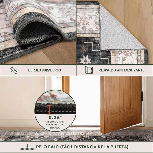 Miniatura 5 de Alfombra Boho Negra para Sala de Estar - Alfombra de Área Lavable de 10x14 Pies, Alfombras de Comedor para Debajo de la Mesa, Alfombra Suave de Pelo