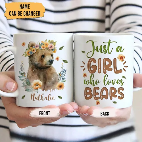 Miniatura 2 de Hyturtle Regalos Personalizados Amante de Osos - Taza de Café de Cerámica Just A Girl Who Loves Bears con Nombre Personalizado 11oz - Idea de Regalo