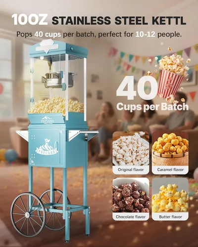 Miniatura 3 de Carro de máquina de palomitas de maíz de 10 onzas, máquina para hacer palomitas con rueda y hervidor de acero inoxidable que hace hasta 40 tazas