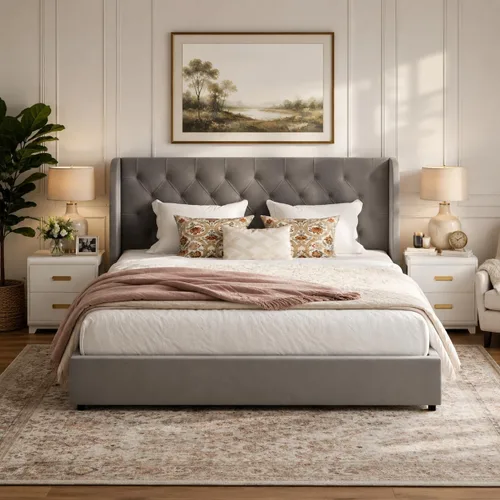 Miniatura 9 de HOMBCK - Marco de cama tamaño completo, base de cama tapizada en plataforma gris con cabecero, terciopelo acolchado, diseño de ala curvada, listones