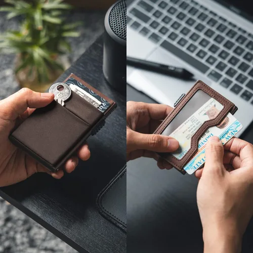 Miniatura 32 de VULKIT Billetera minimalista con ventana de identificación y bolsillo EDC con bolsillo desplegable para tarjetas de crédito y bloqueo RFID, diseño