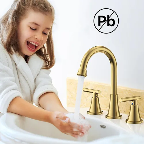 Miniatura 8 de Grifos de Baño para Lavabo de 3 Orificios, Hurran Grifo de Lavabo de Baño Dorado Cepillado con Desagüe Pop-up y Líneas de Suministro, Grifo Oro