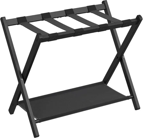 SONGMICS Portaequipajes para habitación de invitados, soporte para maleta con estante de almacenamiento, marco de acero, plegable para un fácil Negro