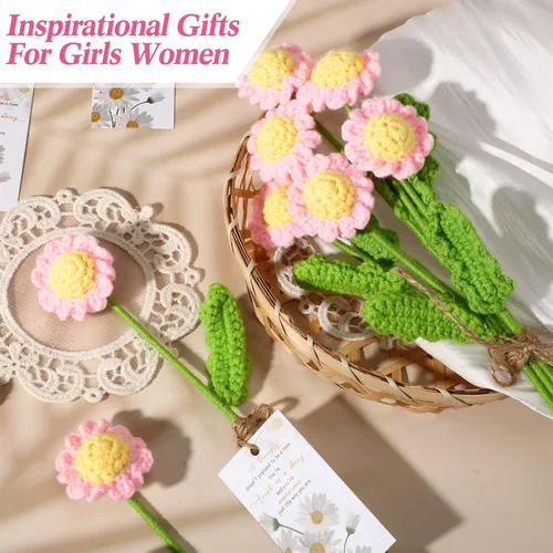 Miniatura 4 de Tigeen 24 juegos de ramo de flores de ganchillo a granel, ramo de flores de punto de margaritas de ganchillo y tarjetas impresionantes, regalos