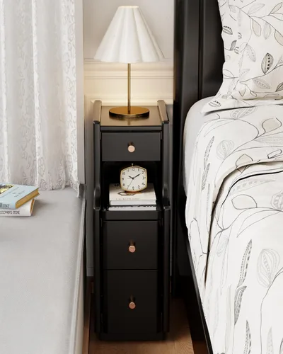 Mesita de noche estrecha con 3 cajones, mesita de noche estrecha de madera maciza, color negro, moderna mesita de noche delgada para dormitorio