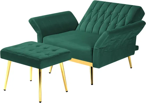 Miniatura 7 de Silla decorativa de terciopelo con respaldo y reposabrazos ajustables, sillón reclinable individual con otomana y patas mentales doradas para sala