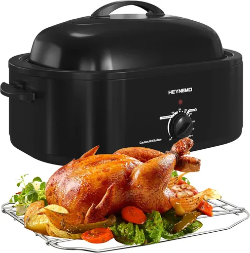 Horno tostador eléctrico de 20 cuartos con tapa autobastidora, horno tostador de pavo con bandeja extraíble y parrilla, color negro