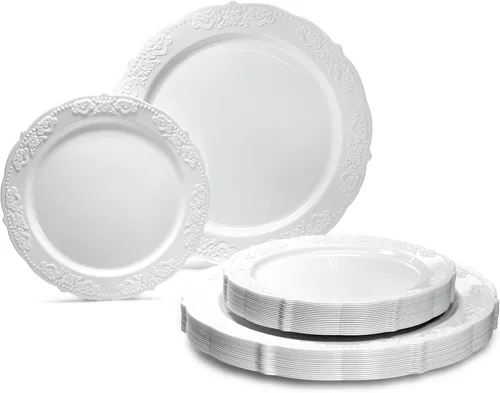 Paquete de 50 platos «OCCASIONS», (25 invitados), juego de platos de plástico desechables para bodas, fiesta vintage - 25 x 10.25 pulgadas, cena +