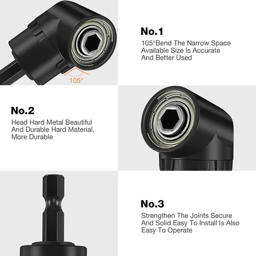 Miniatura 5 de Juego de 4 adaptadores de enchufe de impacto de 90 grados, accesorio de taladro de ángulo recto giratorio de 360° de 1/4 3/8 1/2 pulgadas, adaptador