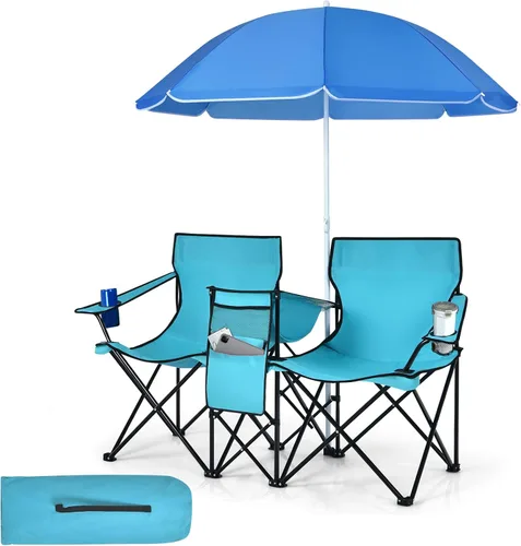 Tangkula Sillas de campamento dobles con paraguas, silla de campamento plegable portátil de 2 asientos con bolsa enfriadora, soporte para bebidas,