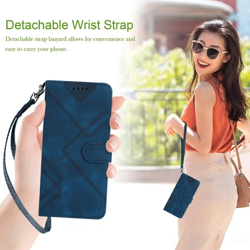 Miniatura 5 de Funda para Galaxy S21, tarjetero, correa para la muñeca, soporte, cierre magnético, funda con patrón de piel sintética, protección a prueba de Azul