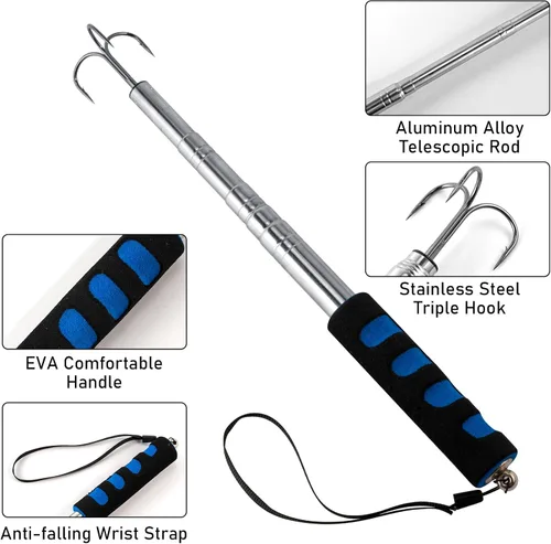 Miniatura 3 de Alwonder Gaff de pesca telescópica, Lanza de pesca en hielo de triple gancho de acero inoxidable, Poste telescópico de aleación de aluminio