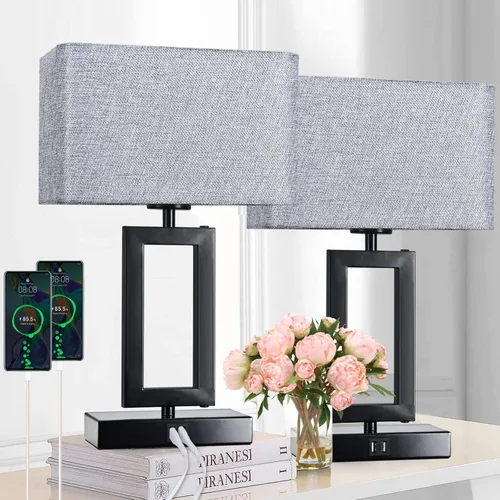Miniatura 9 de Juego de 2 lámparas de mesa con control táctil con USB doble, regulable de 3 vías para dormitorio, sala de estar, oficina, bombillas LED incluidas