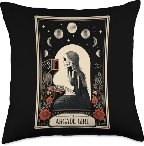 Miniatura 4 de The Arcade Girl Retro Arcade Gaming 80s Tarot Card Skeleton Throw Pillow