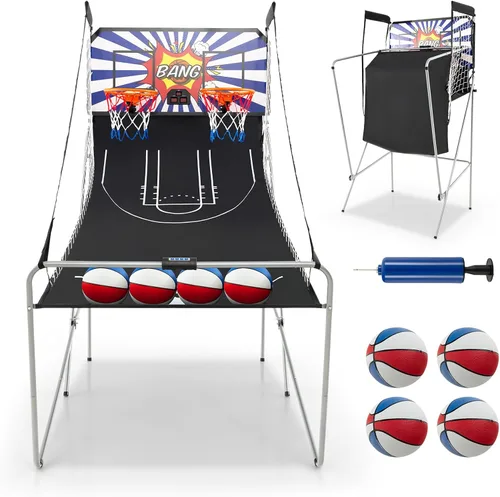 Miniatura 14 de GYMAX Juego de Baloncesto Arcade Interior Plegable con 8 Modos de Juego, Sonido de Arcade, 4 Pelotas y Bomba de Inflado, Juegos de Baloncesto