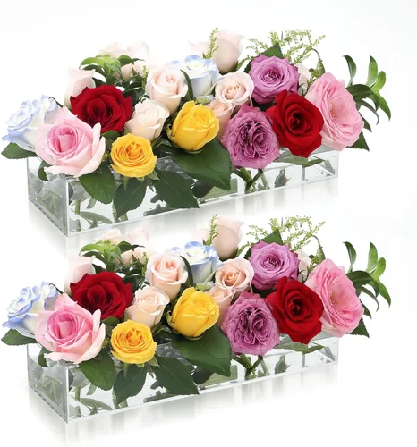 Paquete de 2 jarrones de acrílico rectangulares, jarrón de acrílico transparente, centro de mesa floral de 24 pulgadas de largo para decoración de